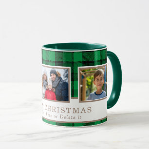 Caneca Natal Personalizado Família 3 Fotos Xadrez Verde 
