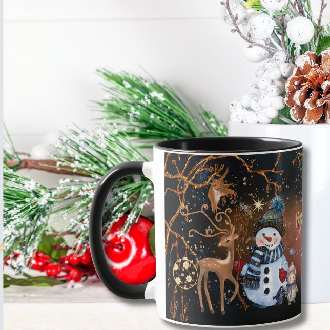 Caneca Natal Personalizado para Amigos de Neve e Vestidos (Snowman & Deer Friends Night Tale Custom Christmas Mug)