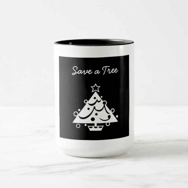 Caneca Natal preto e branco Salvar a árvore (Centro)