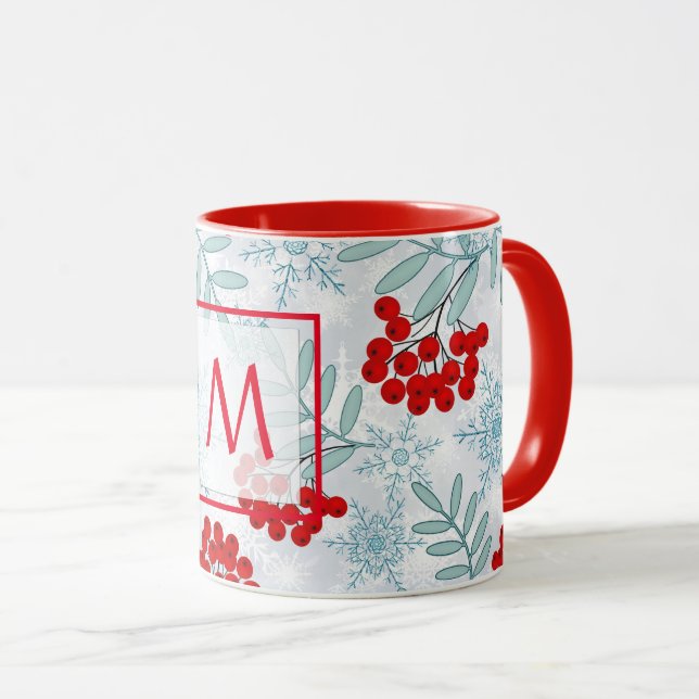 Caneca Natal, Rowan, vermelho, branco, flocos de neve Caf (Frente Esquerda)