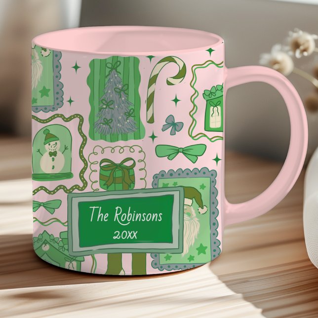 Caneca Natal verde rosa desenho à mão (Criador carregado)