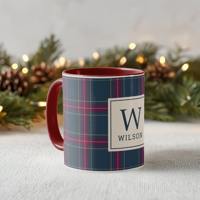 Caneca Natal Xadrez Escocês Vermelho e Azul Marinho Cláss (Criador carregado)