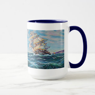 Caneca Navio de vela na pintura de óleo em águas grossas
