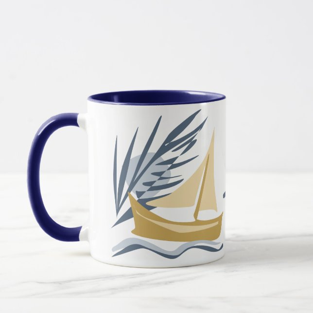 Caneca Navio de vela no fundo da lua e palma (Esquerda)