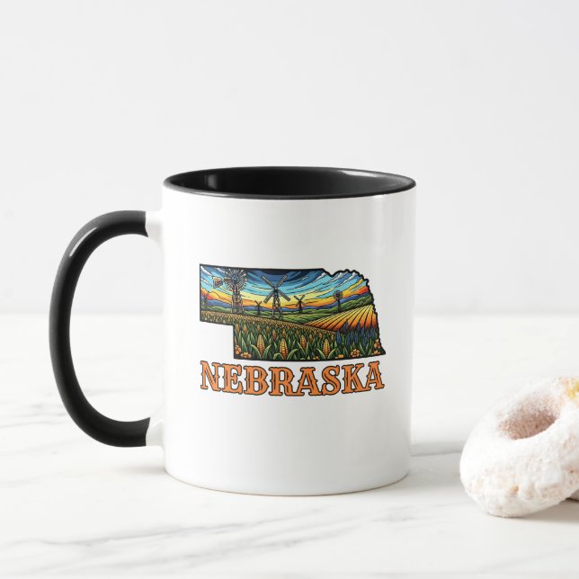 Caneca Nebraska Tattoo Style Outline with Cornfields  (Com Donut)