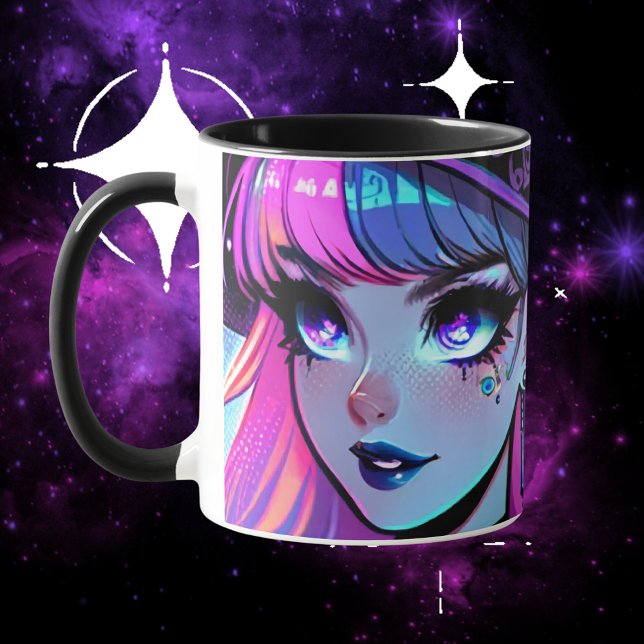 Caneca Neon Cyberpunk Tech Witch - Futurística Art Design (cyberpunk, witch, tech, cyber, wiccan, pagan, neon, media, synthwave, mug, gift)