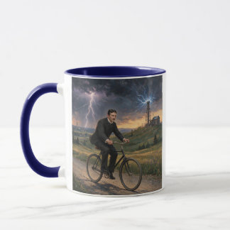 Caneca Nikola Tesla andando de bicicleta para seu laborat
