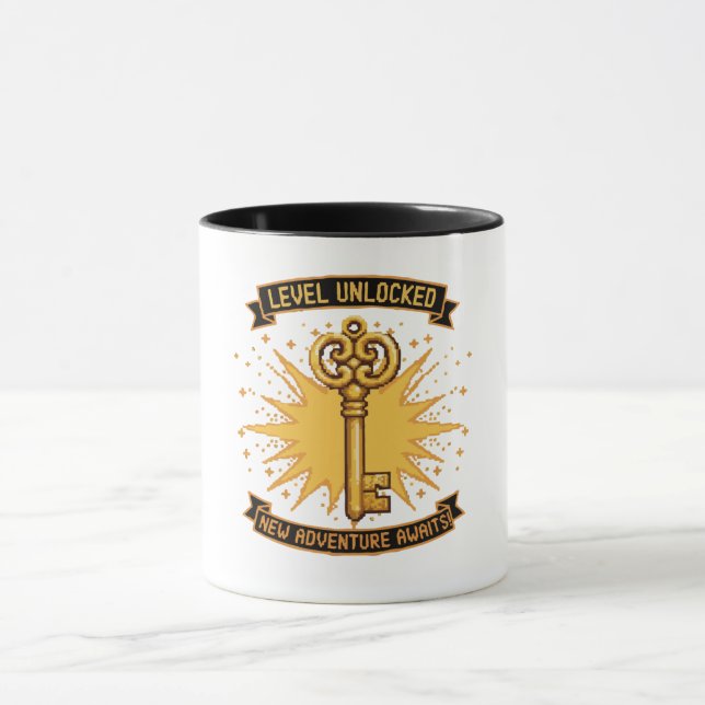 Caneca Nível Desbloqueado Jogo Retro Chave de Pixel Art | (Centro)