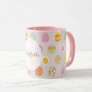 Caneca Nome cor-de-rosa do padrão do ovo pintado com Pásc