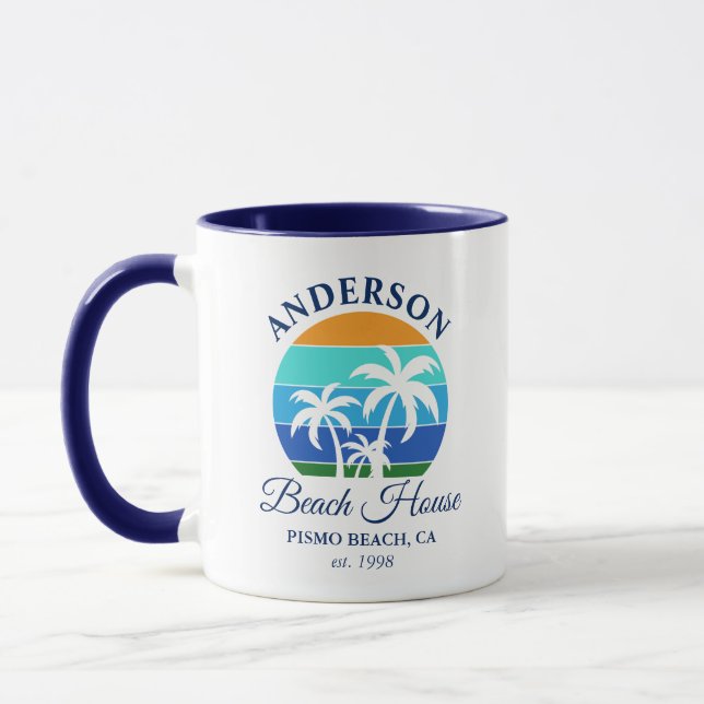 Caneca Nome da família Beach House Sun Palm Trees Blue (Esquerda)