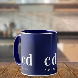 Caneca Nome das iniciais do monograma branco azul marinho
