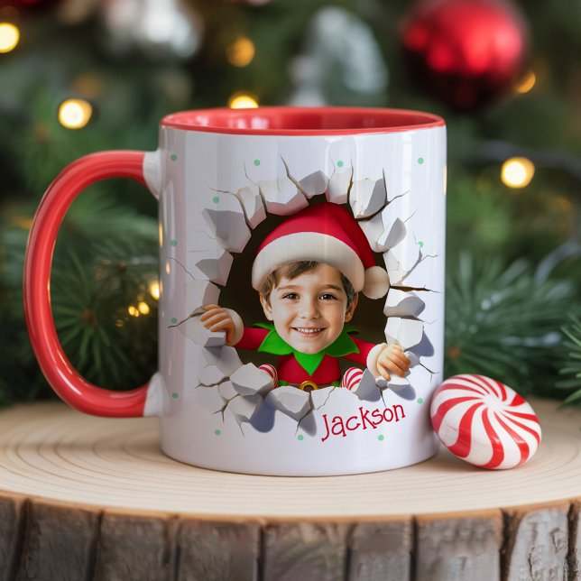 Caneca Nome de Elfo de Natal Engraçado com Foto Personali (Fun Christmas photo mug cups for kids with funny personalized face head and name holiday gift)