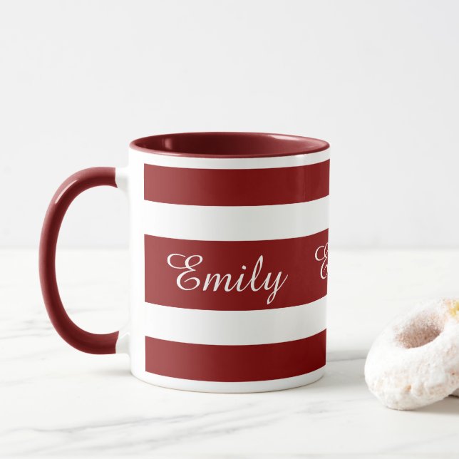 Caneca Nome de Listras Burgundy Modernas (Com Donut)