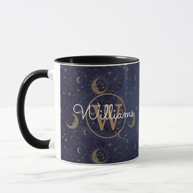 Caneca Nome de monograma dourado místico celestial em let (Esquerda)