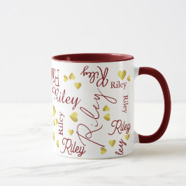 Caneca Nome de repetição com marrom Dourado Hearts