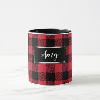Caneca Nome de Xadrez de Verificação de Buffalo Vermelho 