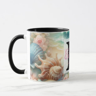 Caneca Nome do monograma na aquarela Flores de conchas ma