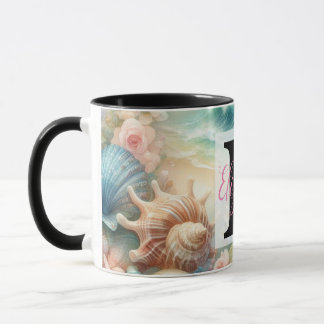 Caneca Nome do monograma na aquarela Flores de conchas ma
