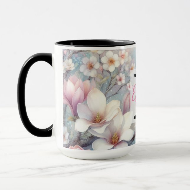 Caneca Nome do monograma na aquarela Flores nos pastéis (Esquerda)