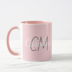 Caneca Nome do Monograma Personalizado Cor-de-Rosa Branco