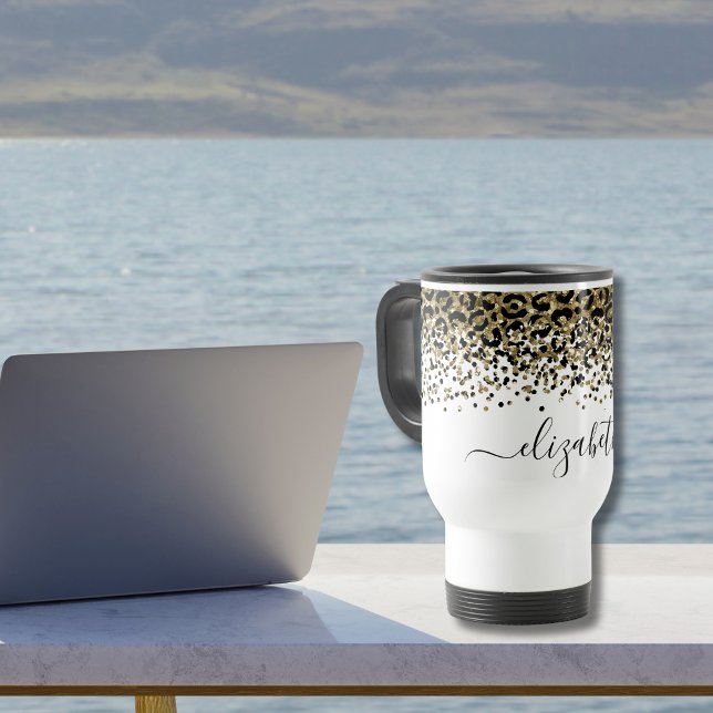 Caneca Nome do Monograma Trendência Chic Preta para Impre (Monogrammed Black Gold Leopard Print Animal Print Travel Coffee Mug)