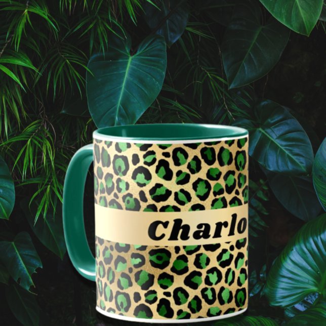Caneca Nome do padrão de leopardo-leopardo-de-ouro-esmera (Criador carregado)