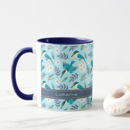 Caneca Nome do Padrão Floral das Aves do Kingfisher Azul-