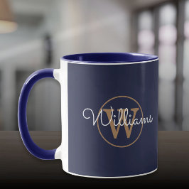 Caneca Nome do Script do Monograma Dourado Marinho Azul