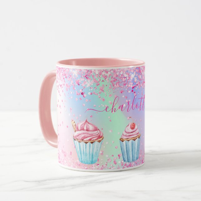 Caneca Nome dos cupcakes de panificação roxa, cor-de-rosa (Frente Esquerda)