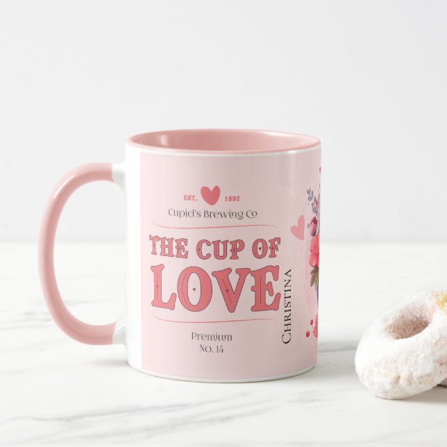Caneca Nome dos Ingredientes do Copo de Amor Rosa Moderno (Com Donut)