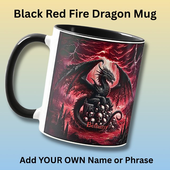 Caneca Nome, Dragão de Fogo Fantasia com Caveiras  (Criador carregado)