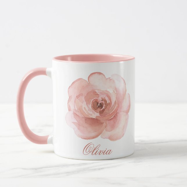 Caneca Nome Elegante de Rosa de Aquarela Rosa Girly (Esquerda)