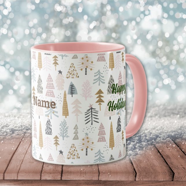 Caneca Nome em Felizes Feriados Árvores de inverno 11oz.  (Criador carregado)