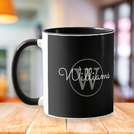 Caneca Nome em Script Monograma Elegante Preto e Cinza