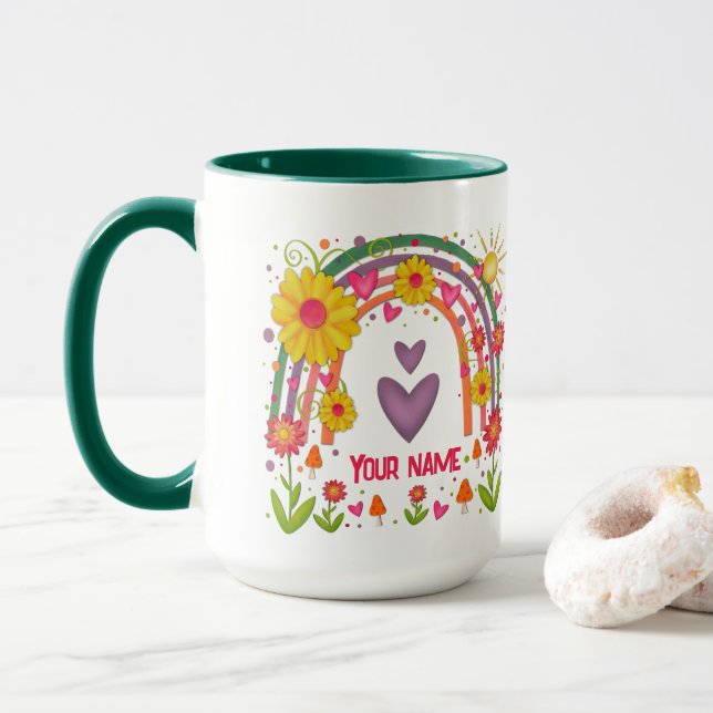 Caneca Nome Feliz Rainbow Cute Inspirivity Coffee Mug (Com Donut)