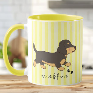 Caneca Nome Fofo Dachshund Listras Vintage Amarelo