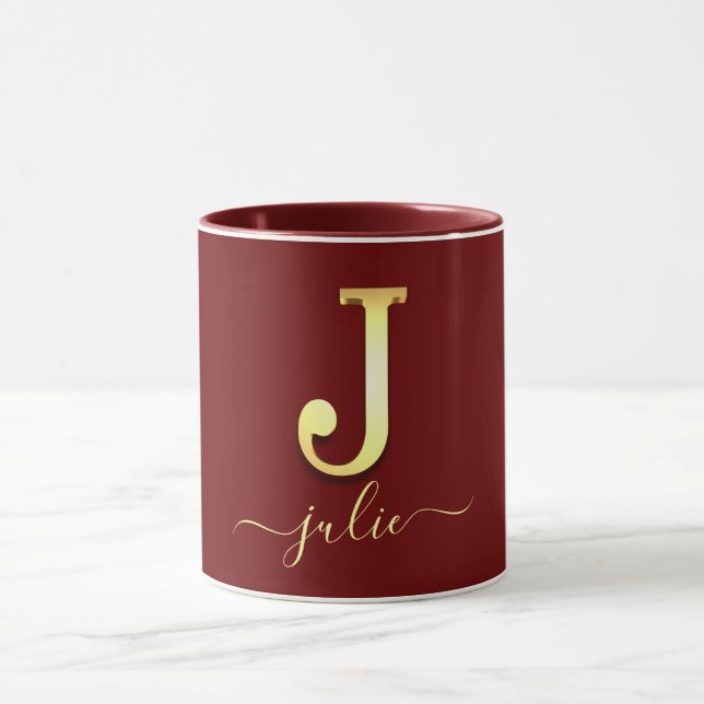 Caneca Nome J do Monograma Personalizado Elegante Dourado (Centro)