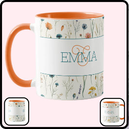 Caneca Nome Monograma Boho Padrão de Flor Silvestre Laran