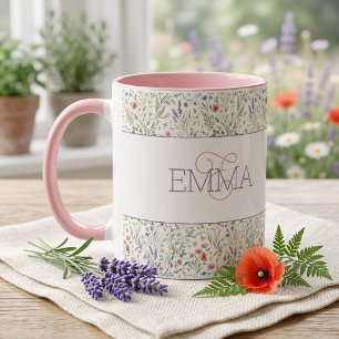 Caneca Nome Monograma Boho Padrão de Flor Silvestre Lavan