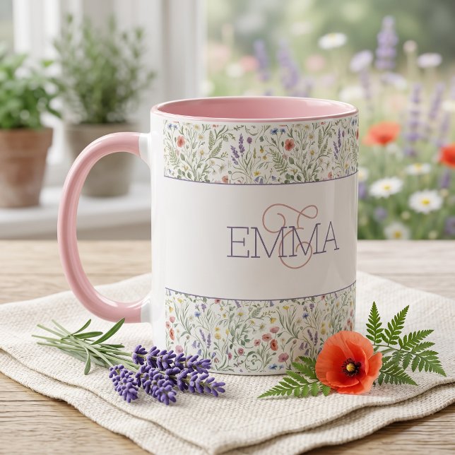 Caneca Nome Monograma Boho Padrão de Flor Silvestre Lavan (Criador carregado)
