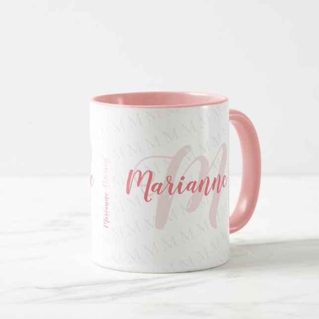 Caneca nome monograma com letra manuscrita/cor-de-rosa mo (Frente Esquerda)
