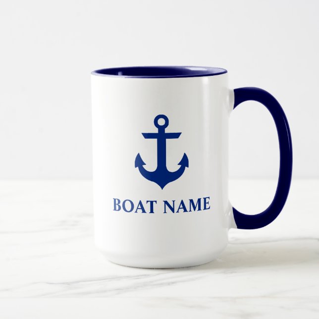 Caneca Nome Náutico do Barco Âncora Grande Azul e Branco (Direita)