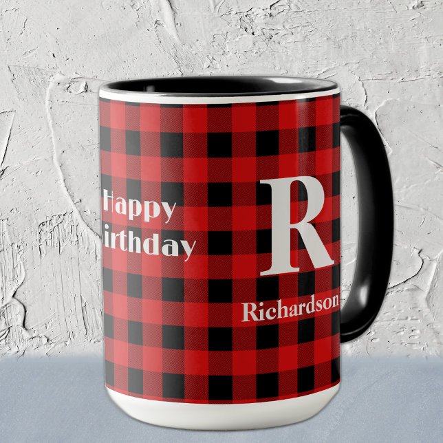 Caneca Nome no Red & Black Buffalo Check, Feliz Aniversár (Criador carregado)