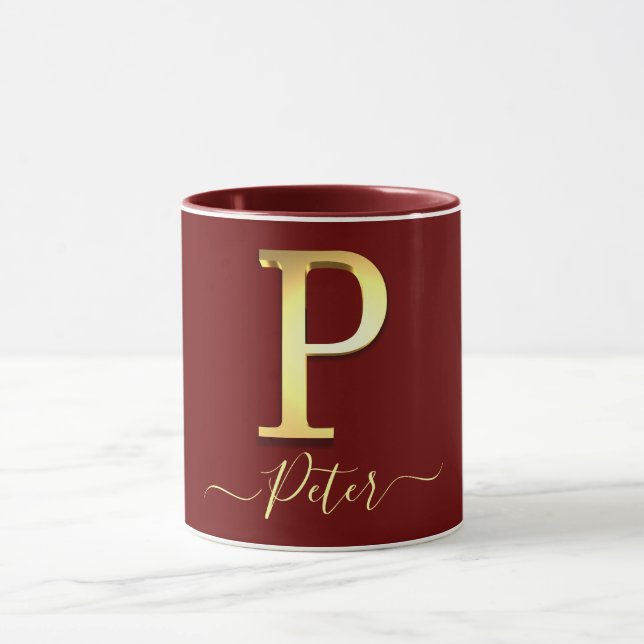 Caneca Nome P do Monograma Personalizado Elegante Dourado (Centro)