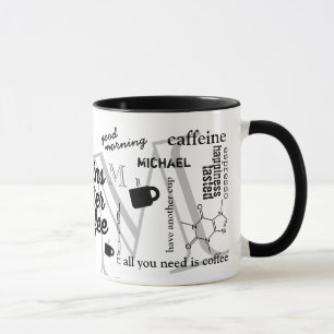 Caneca nome personalizado cafeine colage black