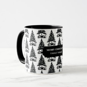 Caneca Nome Personalizado da Árvore de Natal Preta Vintag