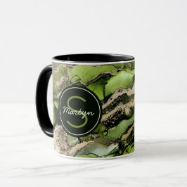 Caneca Nome Personalizado de Abstrato Dourado Preto Verde