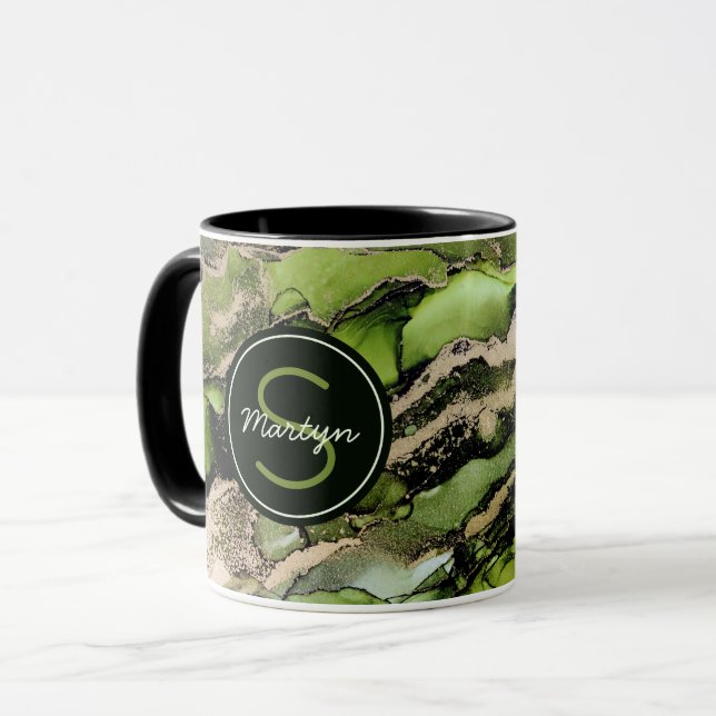 Caneca Nome Personalizado de Abstrato Dourado Preto Verde (Frente Esquerda)