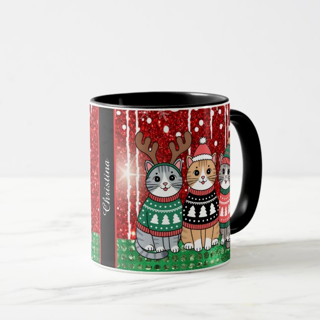 Caneca Nome Personalizado de Gatos de Natal Bons (Frente Esquerda)