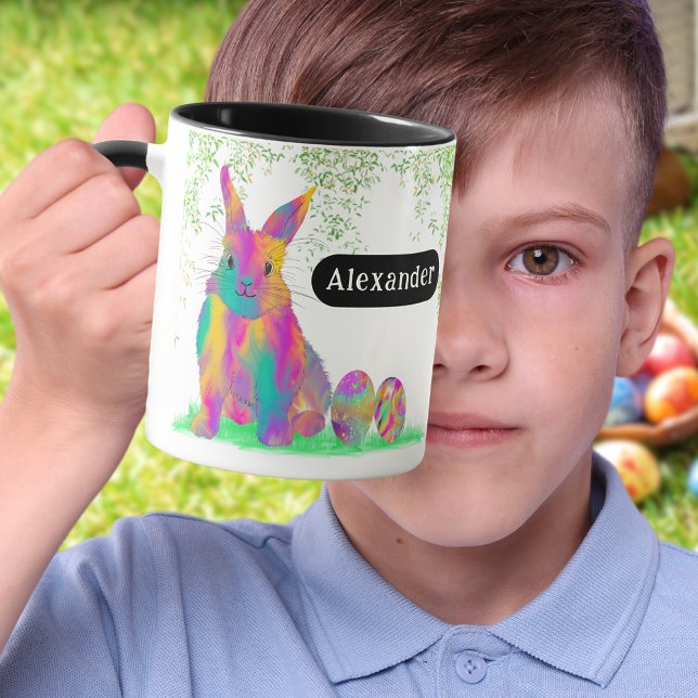 Caneca Nome Personalizado Do Coelhinho De Ovo De Páscoa (Personalized name cute colorful Easter bunny Egg Hunt Spring Brunch Garden party Mug)